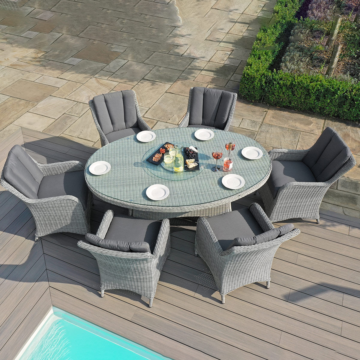 6 Seat Oval Rattan Dining Set with Lazy Susan & Weatherproof