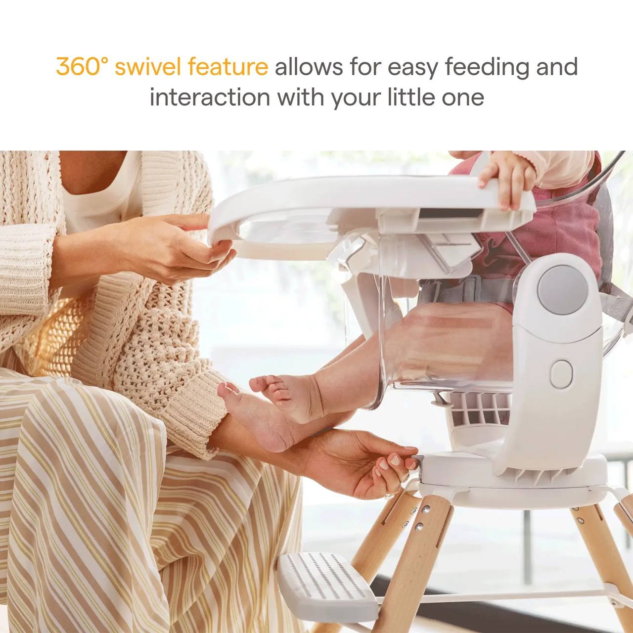 Modern, chic high chair with a 360° swivel